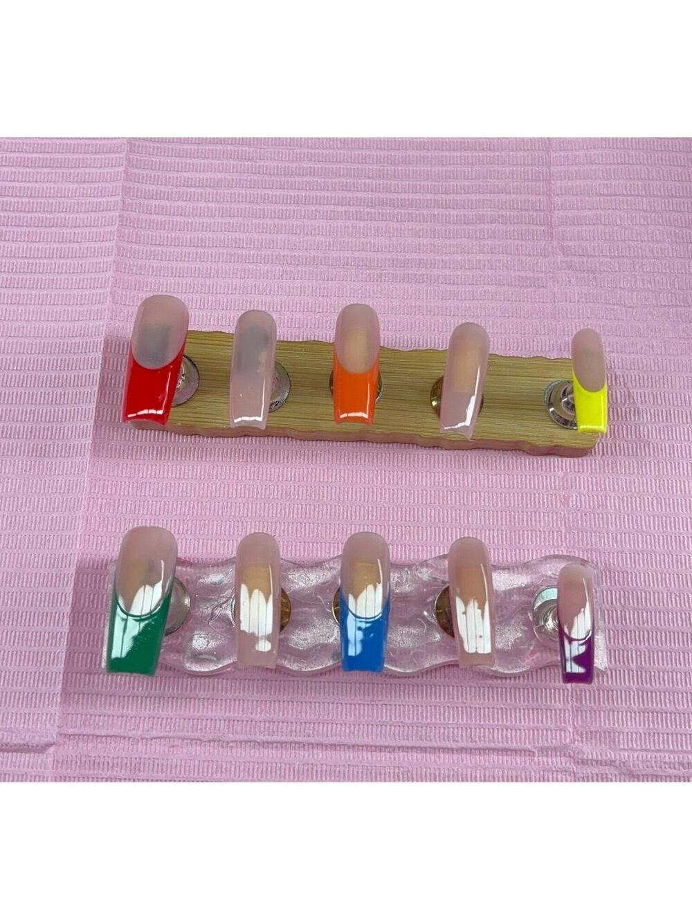 Long square Press on nails nude French tips red yellow green